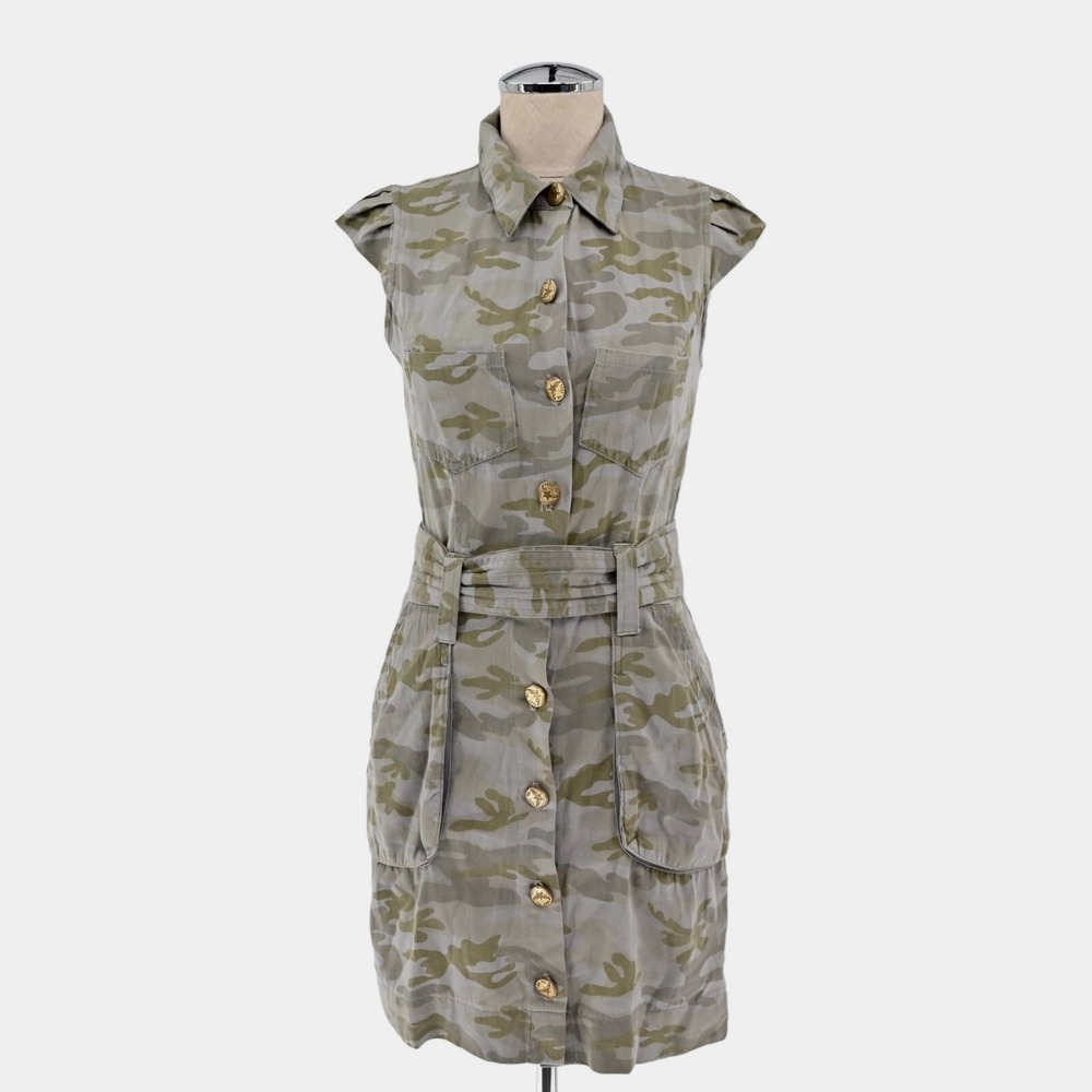 Hard Tail Camo‎ Belted Dress Womens Size XS Cotton Button Cap Sleeve Vtg Y2k
